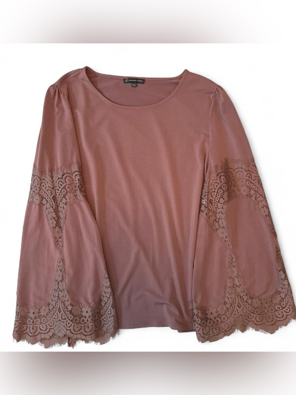 Adrianna Papell pink mauve romantic lace bell sleeve blouse- Size Large Bust